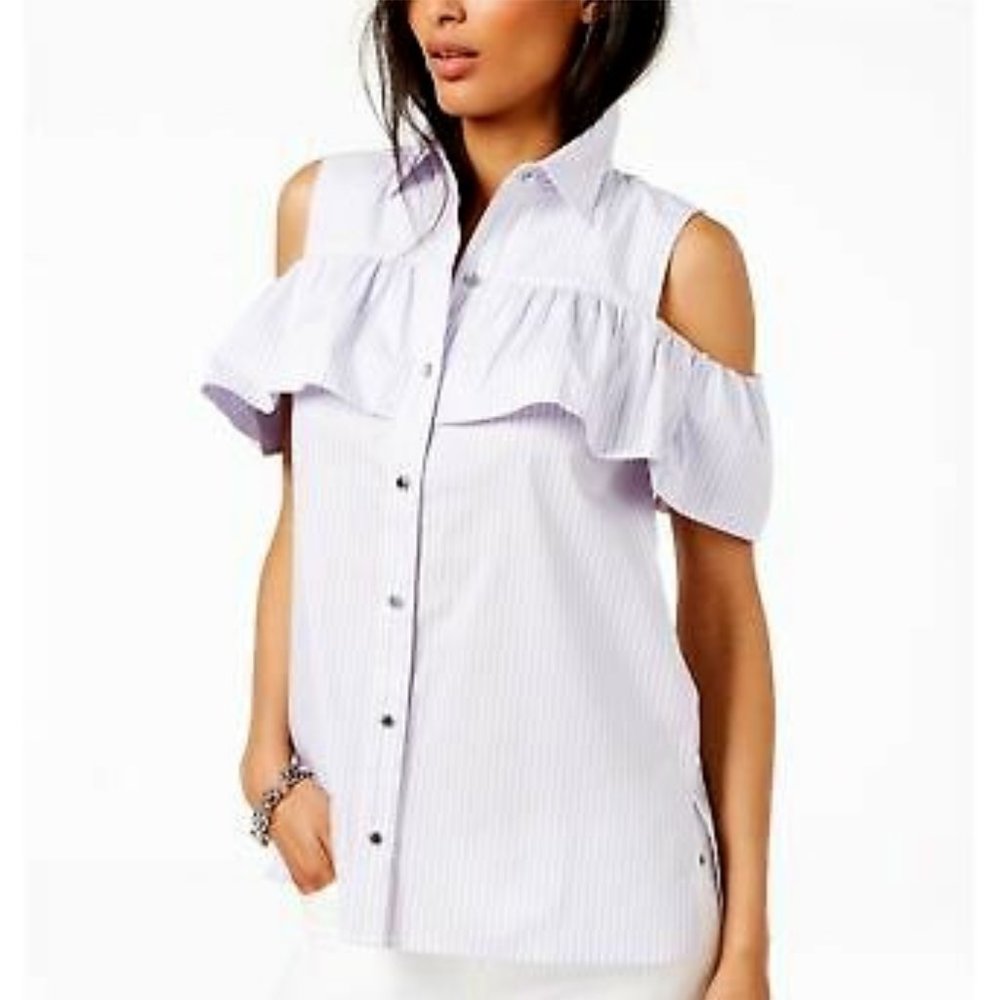 Michael Kors Striped Cold Shoulder Blouse Purple/White Sz S